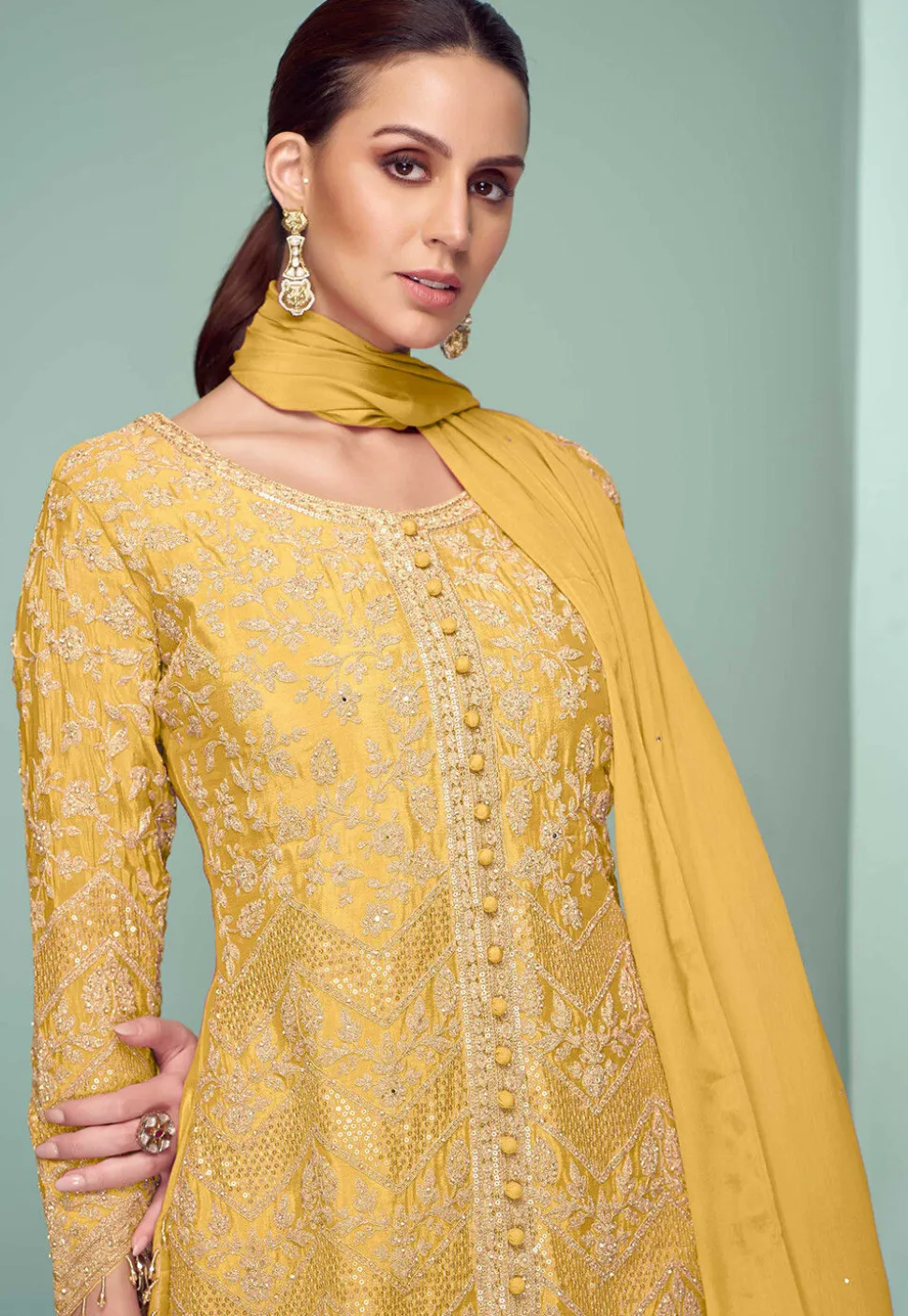 Embroidered Chinon Silk Pakistani Suit in Yellow