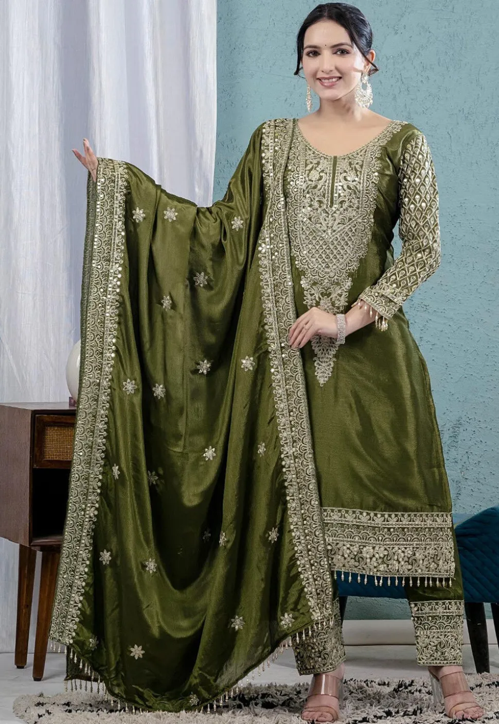 Embroidered Chinon Silk Pakistani Suit in Olive Green