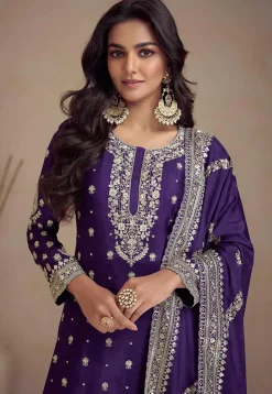 Embroidered Chinon Silk Pakistani Suit in Purple