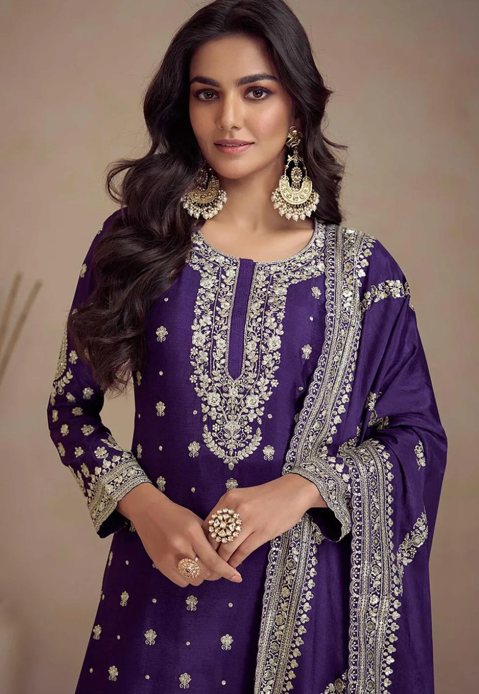 Embroidered Chinon Silk Pakistani Suit in Purple