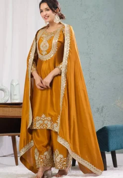 Embroidered Chinon Silk Pakistani Suit in Mustard