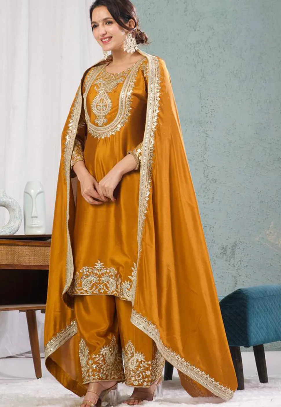 Embroidered Chinon Silk Pakistani Suit in Mustard