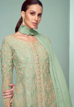 Embroidered Chinon Silk Pakistani Suit in Light Green