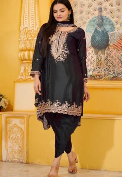 Embroidered Chinon Silk Scalloped Punjabi Suit in Black