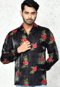 Embroidered Chinon Silk Shirt in Black