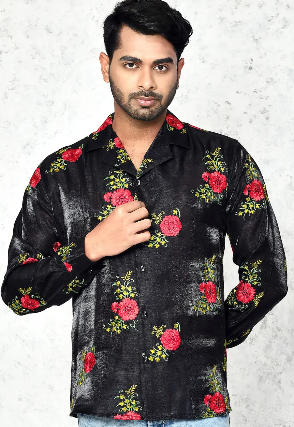 Embroidered Chinon Silk Shirt in Black