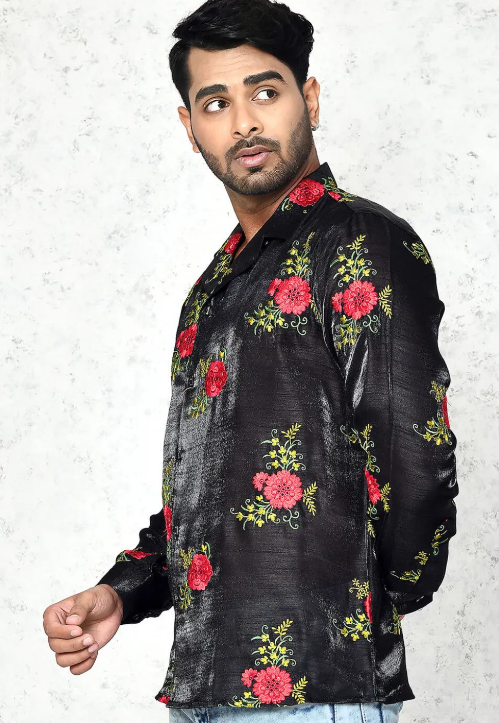 Embroidered Chinon Silk Shirt in Black