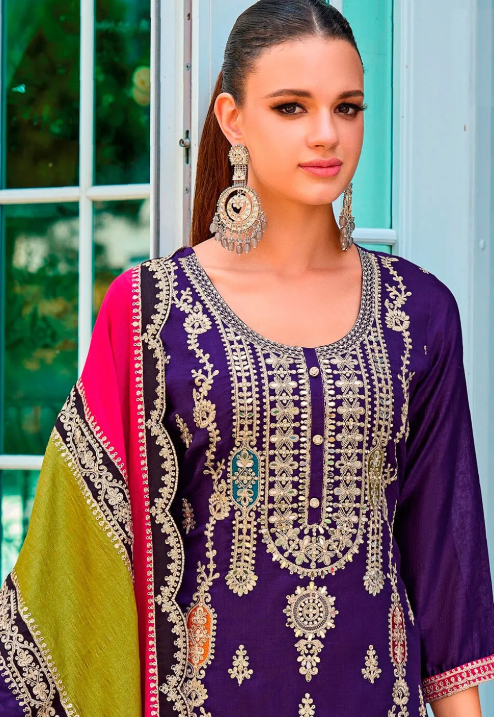 Embroidered Chinon Silk Scalloped Pakistani Suit in Purple