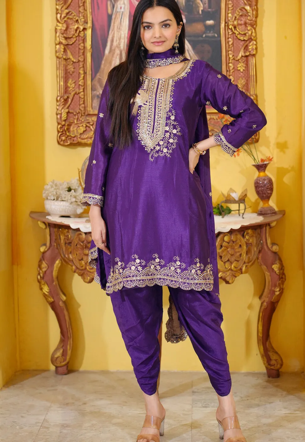 Embroidered Chinon Silk Scalloped Punjabi Suit in Purple