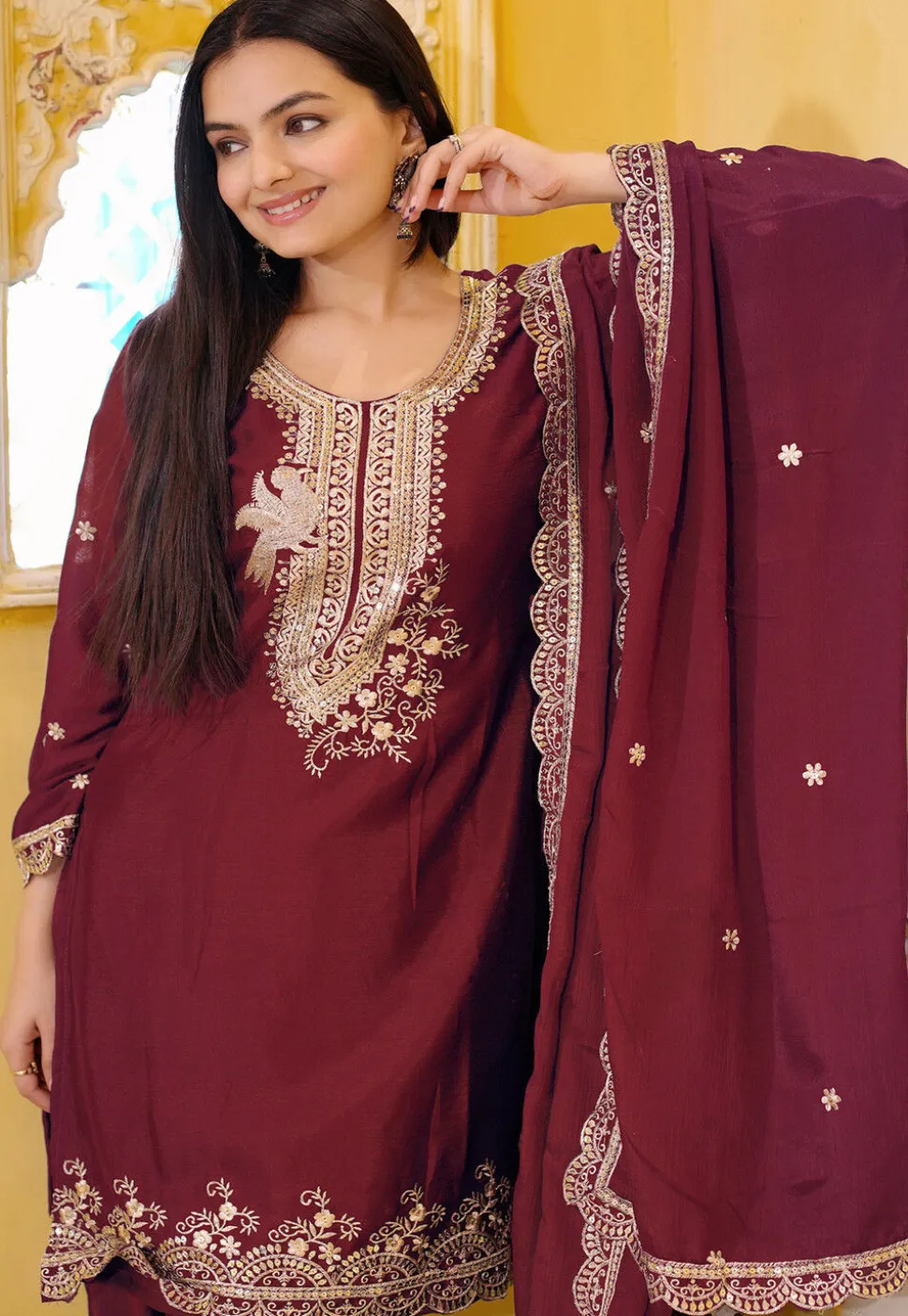 Embroidered Chinon Silk Scalloped Punjabi Suit in Maroon