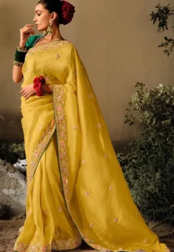 Embroidered Chinon Silk Saree in Yellow
