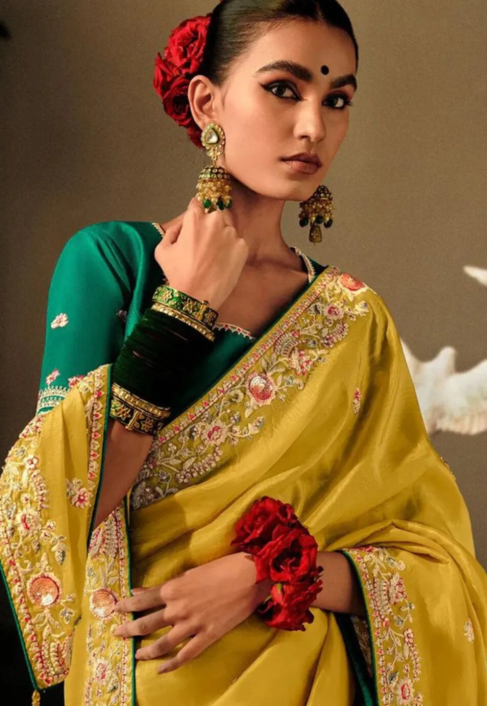 Embroidered Chinon Silk Saree in Yellow