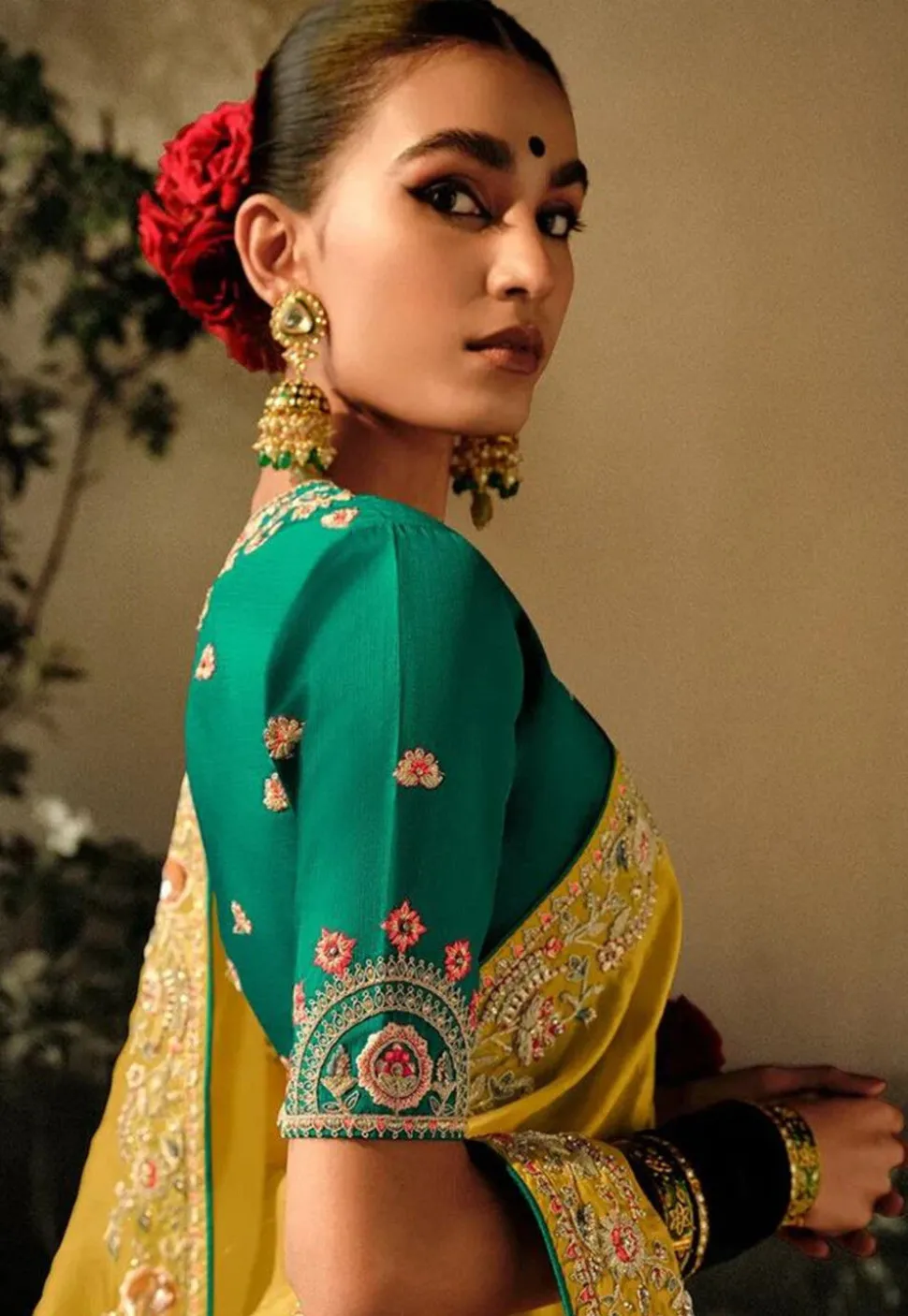 Embroidered Chinon Silk Saree in Yellow