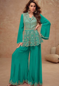Embroidered Chinon Silk Tunic Set in Teal Green
