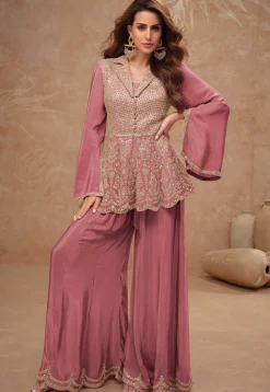 Embroidered Chinon Silk Top Set in Rose Gold