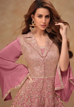 Embroidered Chinon Silk Top Set in Rose Gold