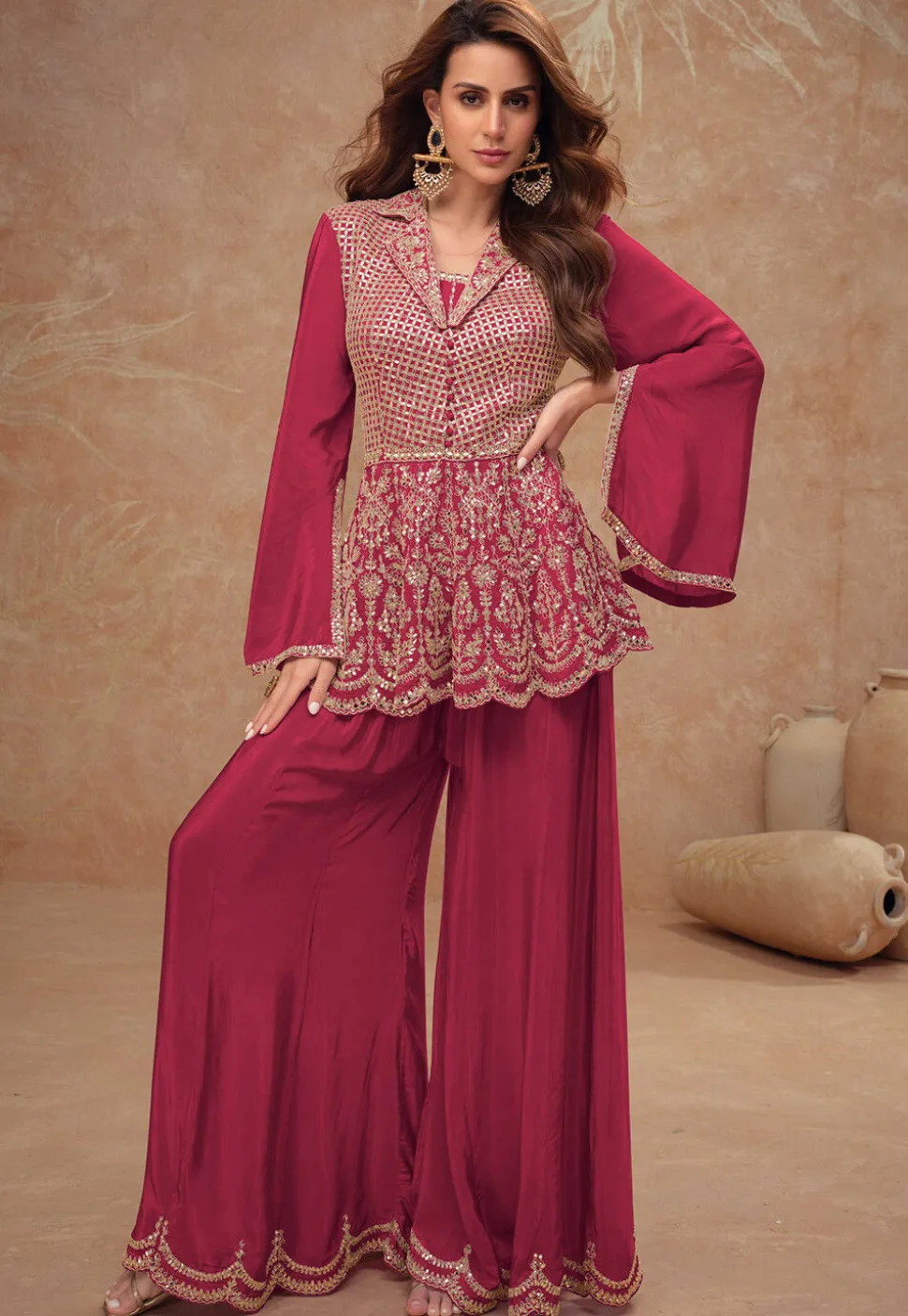 Embroidered Chinon Silk Tunic Set in Maroon