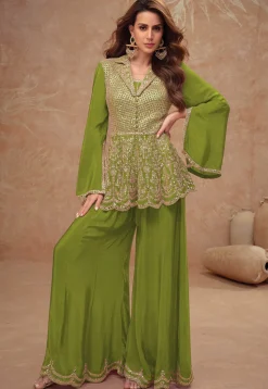 Embroidered Chinon Silk Tunic Set in Olive Green