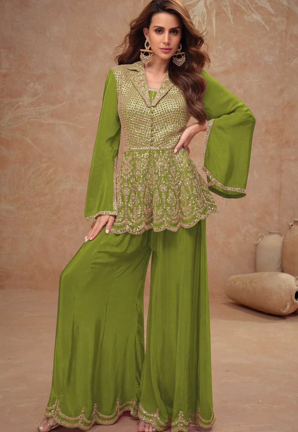Embroidered Chinon Silk Tunic Set in Olive Green