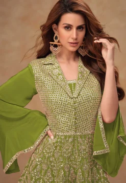 Embroidered Chinon Silk Tunic Set in Olive Green