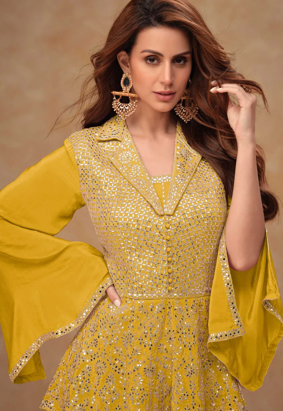 Embroidered Chinon Silk Tunic Set in Yellow