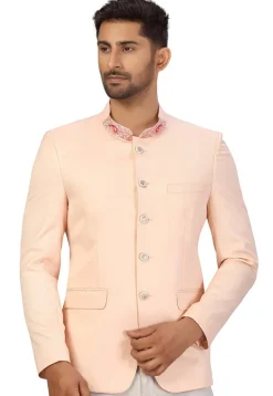 Embroidered Collar Art Silk Jodhpuri Jacket in Peach