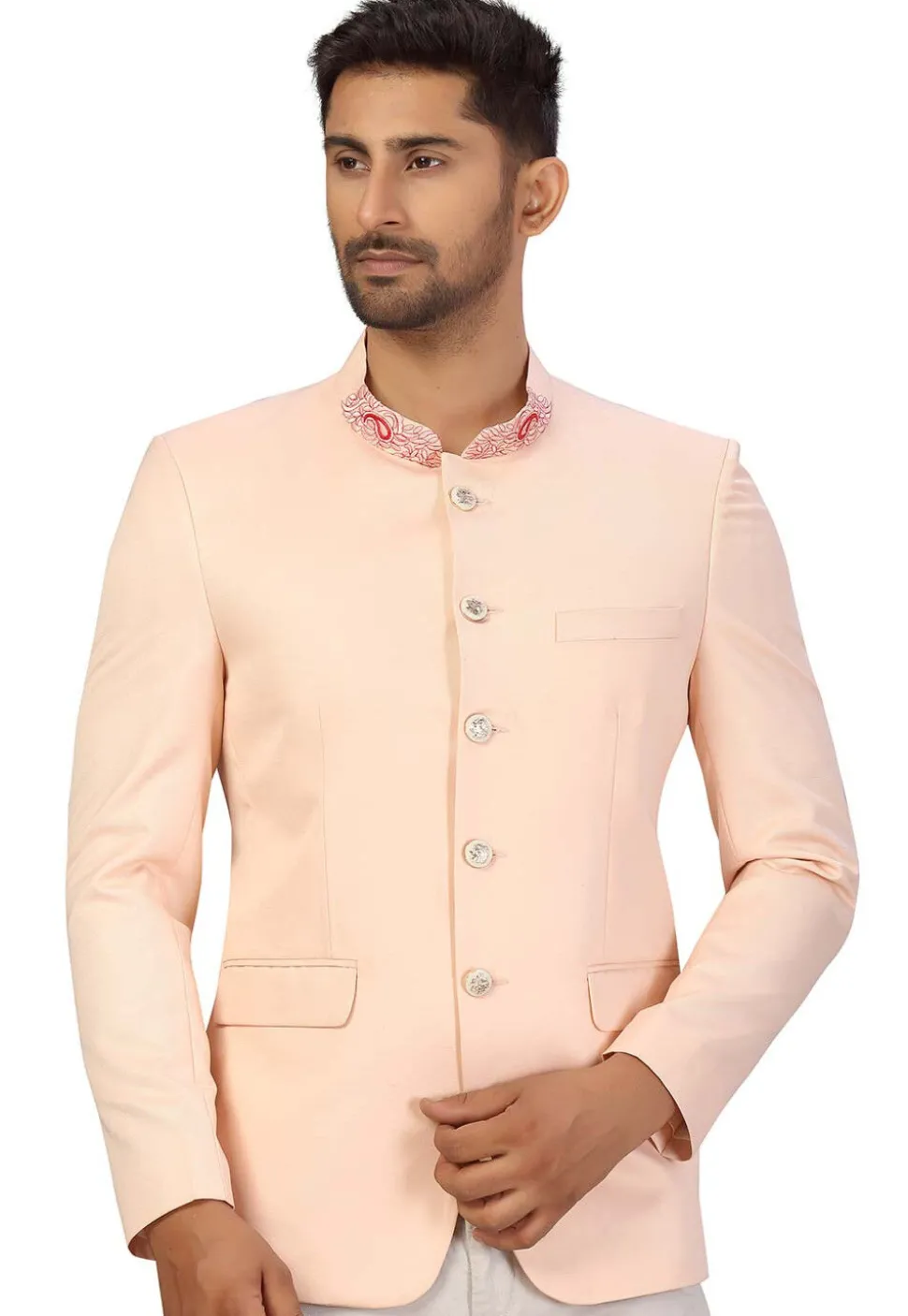 Embroidered Collar Art Silk Jodhpuri Jacket in Peach
