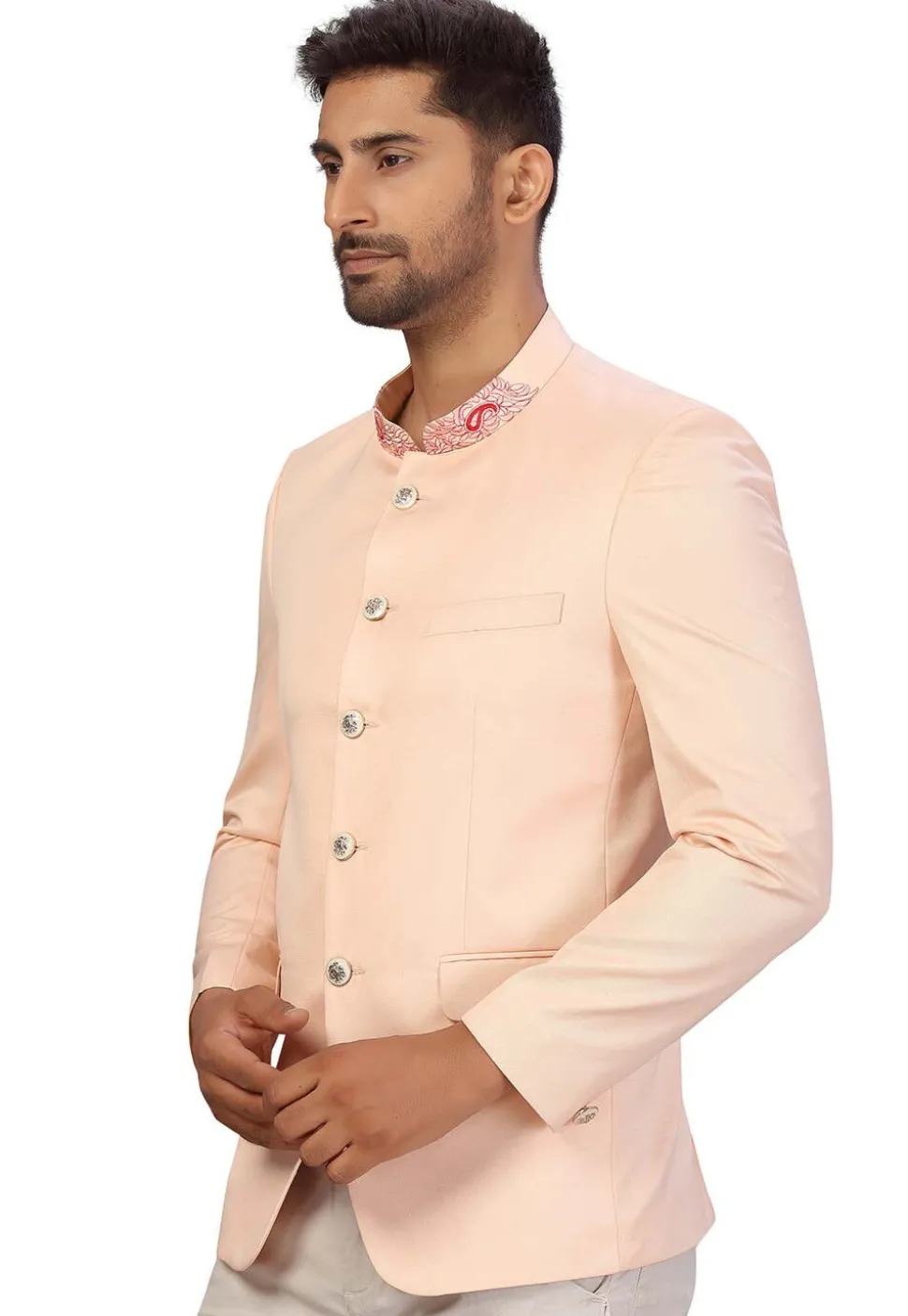 Embroidered Collar Art Silk Jodhpuri Jacket in Peach