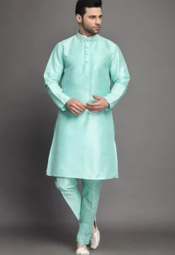 Embroidered Collar Art Silk Kurta Set in Sky Blue