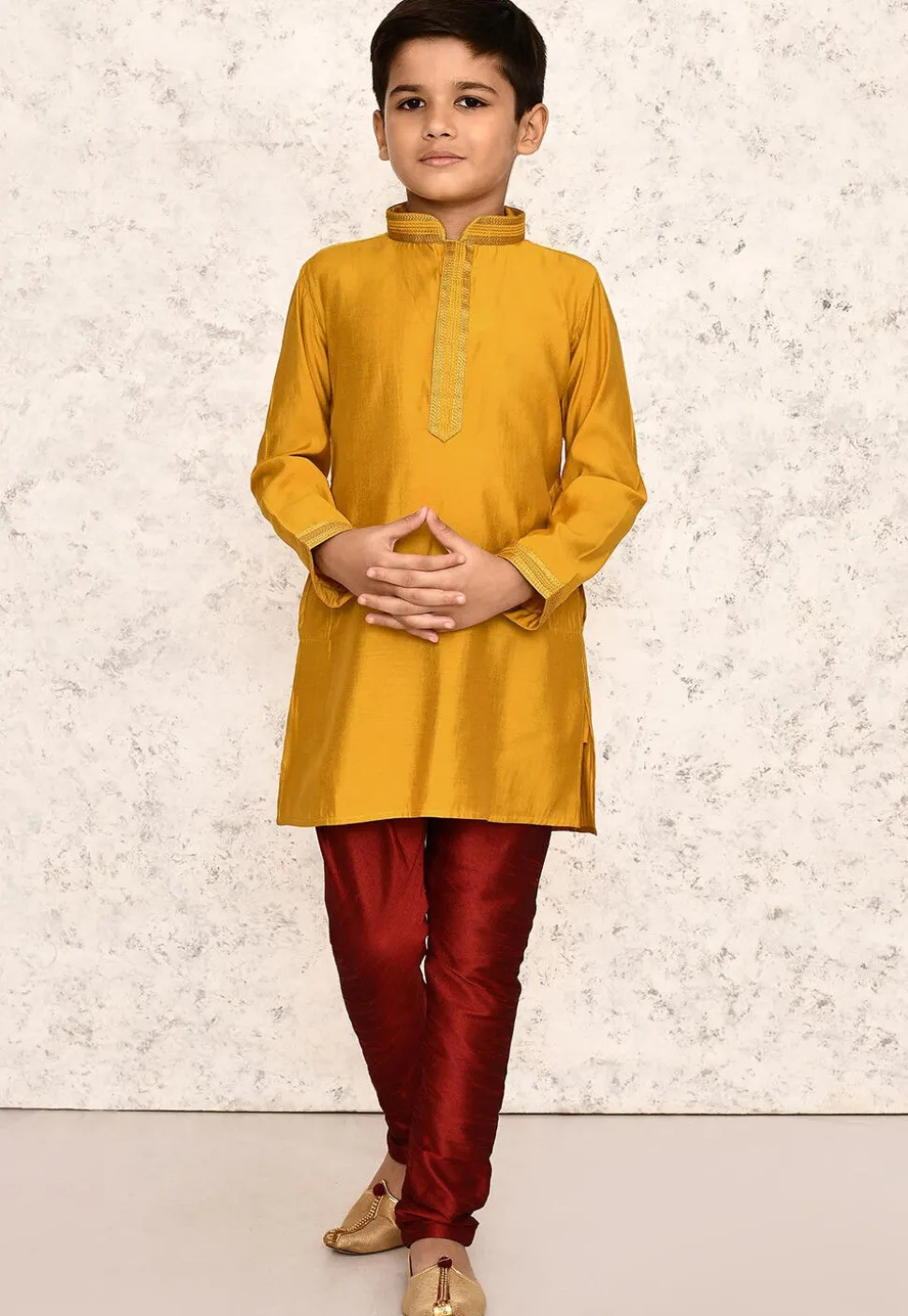 Embroidered Collar Art Silk Kurta Set in Yellow