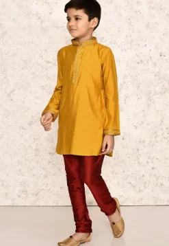 Embroidered Collar Art Silk Kurta Set in Yellow