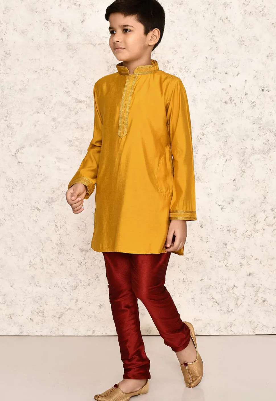 Embroidered Collar Art Silk Kurta Set in Yellow