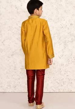 Embroidered Collar Art Silk Kurta Set in Yellow