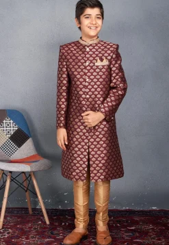 Embroidered Collar Art Silk Jacquard Sherwani in Wine