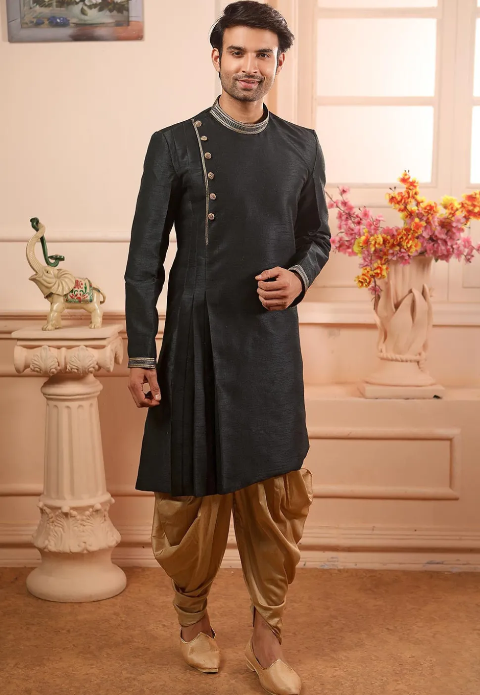 Embroidered Collar Art Silk Side Pleated Kurta Set in Black