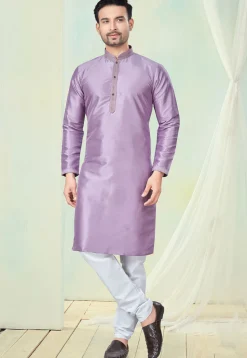 Embroidered Collar Art Silk Kurta Set in Purple