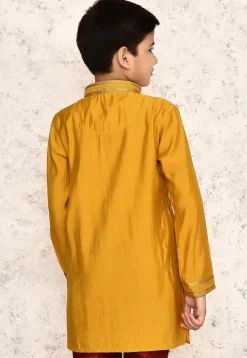 Embroidered Collar Art Silk Kurta in Yellow