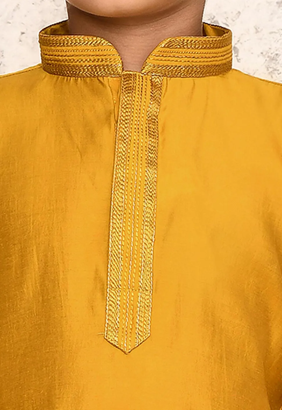 Embroidered Collar Art Silk Kurta in Yellow