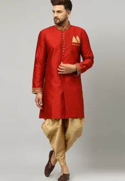 Embroidered Collar Art Silk Jacquard Sherwani in Maroon