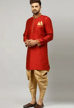 Embroidered Collar Art Silk Jacquard Sherwani in Maroon