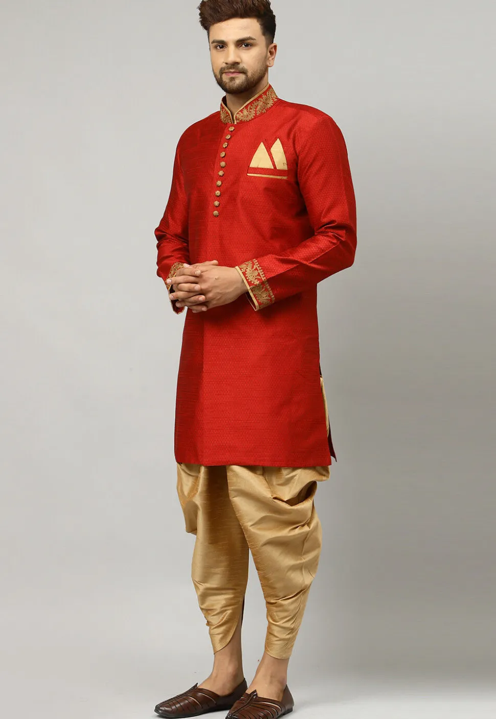 Embroidered Collar Art Silk Jacquard Sherwani in Maroon