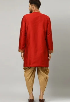 Embroidered Collar Art Silk Jacquard Sherwani in Maroon