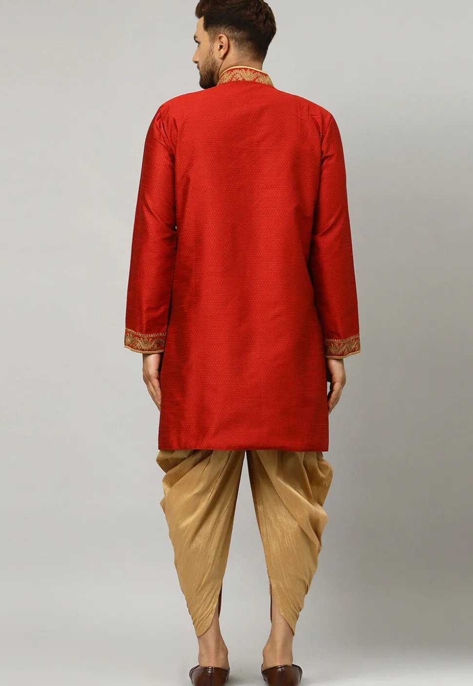 Embroidered Collar Art Silk Jacquard Sherwani in Maroon