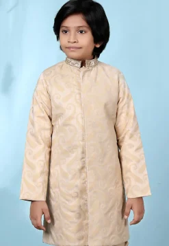 Embroidered Collar Cotton Silk Jacquard Sherwani in Beige