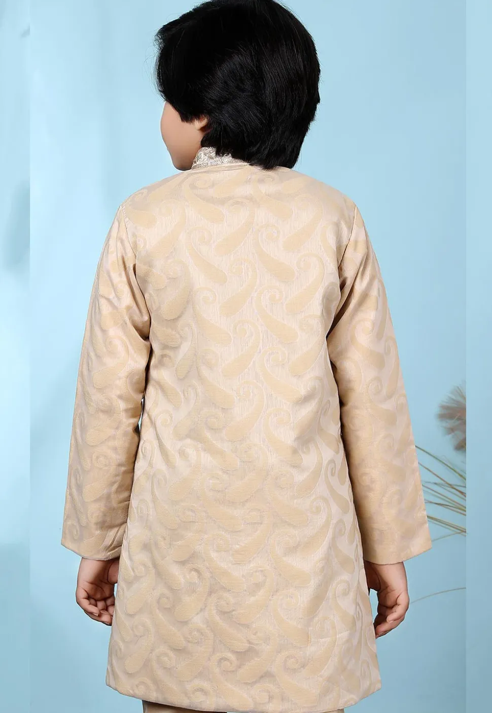 Embroidered Collar Cotton Silk Jacquard Sherwani in Beige