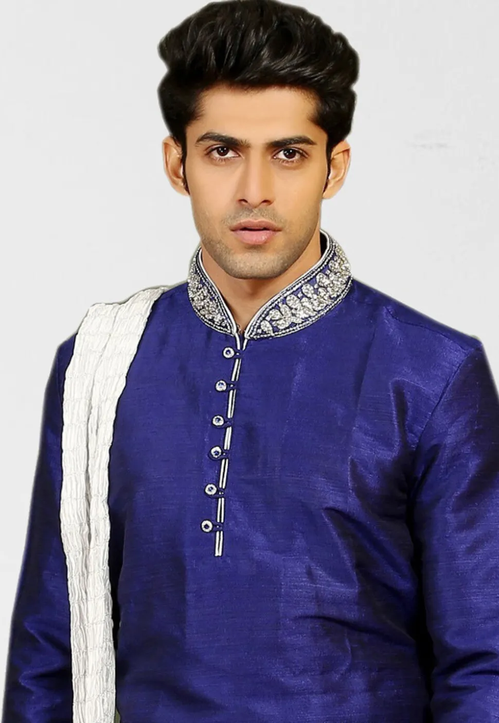 Embroidered Collar Dupion Silk Kurta in Royal Blue