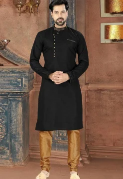 Embroidered Collar Dupion Silk Kurta  in Black