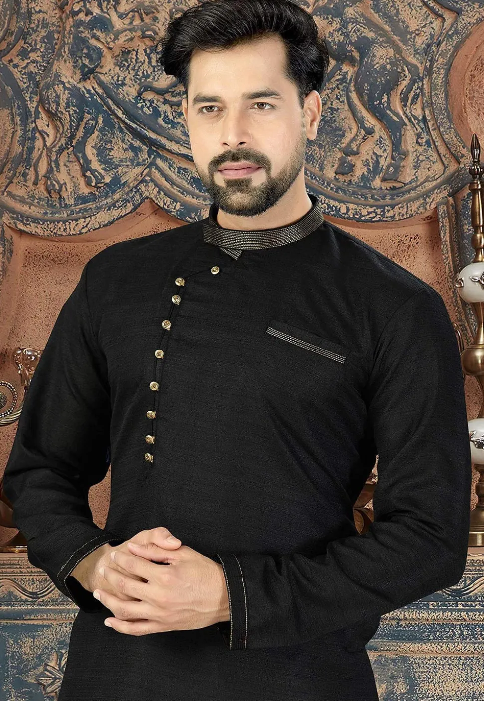 Embroidered Collar Dupion Silk Kurta in Black