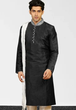 Embroidered Collar Dupion Silk Kurta in Black
