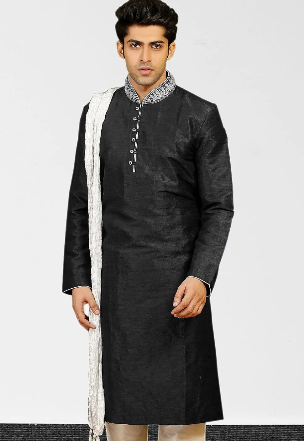 Embroidered Collar Dupion Silk Kurta in Black